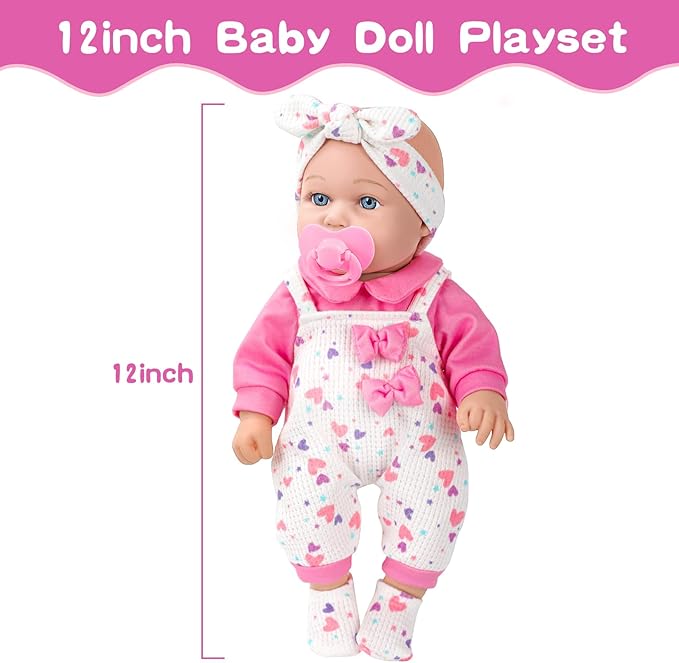 XFEYUE 12" Baby Doll with Pink Bowknot Clothing Set,12 Inch Realistic Baby Dolls with Clothes and Accessories,Pacifier Bottle Toy Pretend Play Collection for 3+ Child Girls Gifts