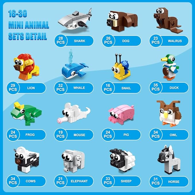 HOGOKIDS 30 Packs Party Favors for Kids - 867PCS Animal Building Blocks Sets for Easter Classroom Gifts Prizes Goodie Bag Fillers Valentines Gift Exchange for Kids Boys Girls 6+