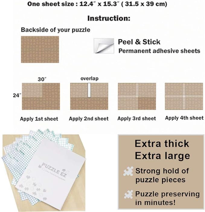 Save 10 x 1000 Piece Puzzles - 40 Clear Puzzle Glue Sheets Extra Large Thick No Mess Jigsaw Puzzle Saver Tape Peel and Stick Adhesive Backing