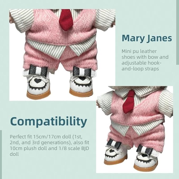 Mini Mary Jane PU Leather Lububu Doll Shoes with Bow Decor Compatible for 15cm 17cm Doll, Cute Doll Clothes & Outfit Accessories Suitable for 6.7 Inches Dolls (Bow Mary Jane - White)