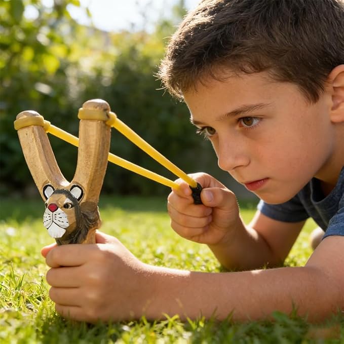 LANJAY Handmade Solid Slingshot with Personalized Carvings, Clay Balls & Pompoms, for Indoor/Outdoor Games, Hunting, Suitable for Adults & Kids