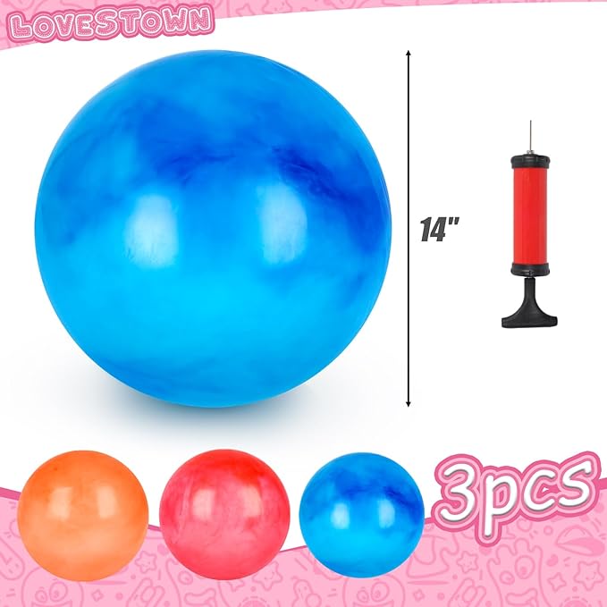 LovesTown 3PCS Playground Balls, 14 Inch Bouncy Balls Inflatable Dodgeball Kickballs with Hand Pump, for Kids Indoor and Outdoor