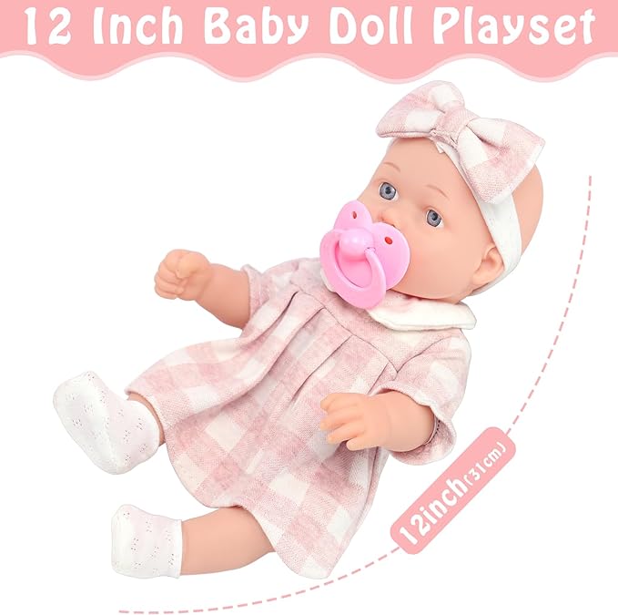 12″ Baby Doll Classic Checkered Dress & 6-Piece Accessories Gift Box Packaged – Soft Realistic Lifelike Baby Dolls for Toddlers & Little Girls