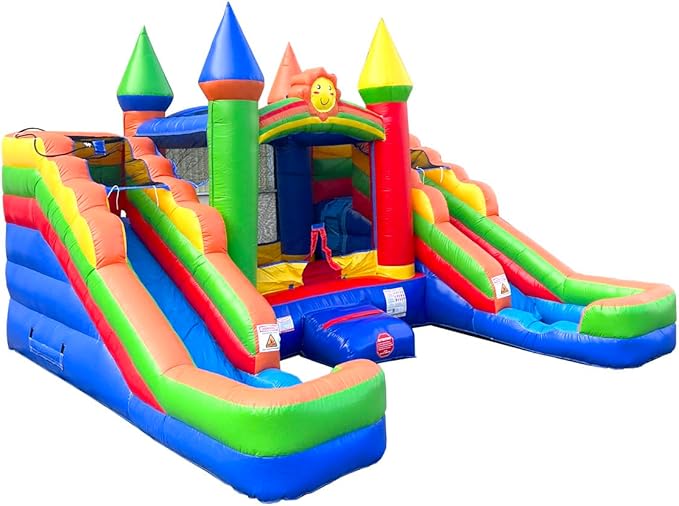 Crossover Rainbow Double Water Slide Bounce House Combo, 16.5 x 15 x 11 Foot, PVC Vinyl Inflatable Bouncy House for Kids, Wet or Dry Slides, with Stakes and Storage Bag, Blower not Included