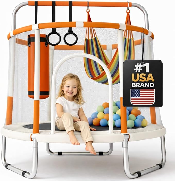 Happin® 55’’ Trampoline for Kids with Safety Enclosure, Indoor & Outdoor Toddler Trampoline, Ultra Safe Design with Multi Activity Accessories, Perfect Toddler Gift for Boys & Girls Ages 1–8