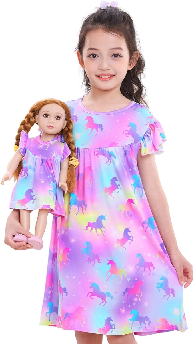 ICOSY Matching Doll & Girls Nightgowns Clothes Girls Pajamas Sleepwear Outfit for Kids and 18" Girl Doll