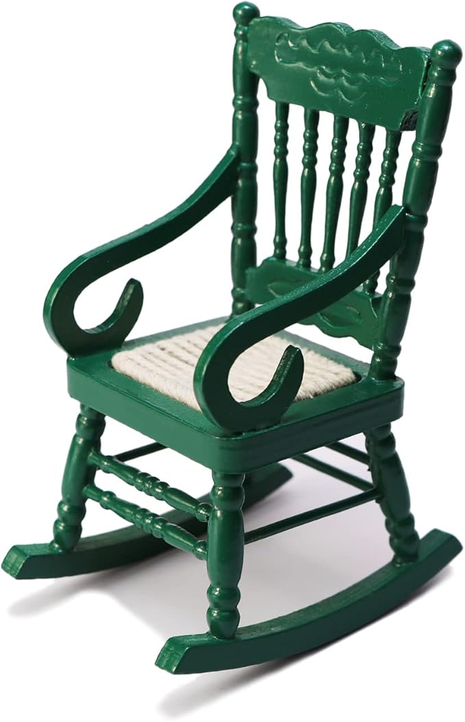 Dollhouse Miniature Rocking Chair 1:12 Scale Wooden Furniture Accessories Tiny Mini House Home Outdoor Decoration Model Living Room Scene Christmas Craft Displays (Green)
