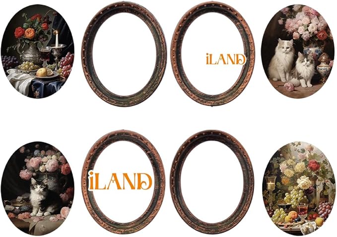 iLAND Miniature Dollhouse Accessories, 4 Dollhouse Picture Frames Set w/Printed Paintings (4 Dark Brass Oval Frames w/ 4 Pictures)