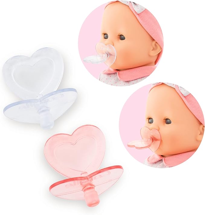 Corolle - Heart Shaped Doll Pacifier Accessory for 14-17" Dolls, 2 Pack, Clear/Pink (140370)