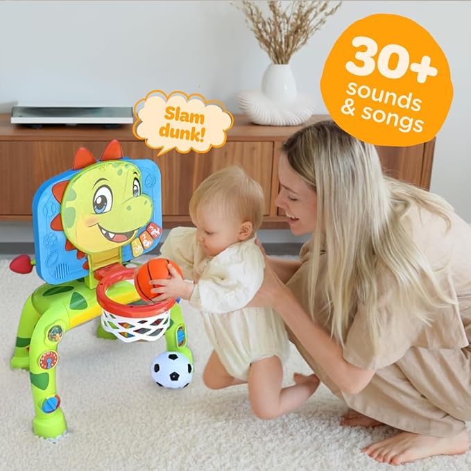 Move2Play, Dinosaur Basketball Hoop & Soccer Goal Activity Center | 30+ Sounds & Songs + 5 Lights | 1 2 3 Year Old for Boys and Girls | Toy & Gift for Baby & Toddlers
