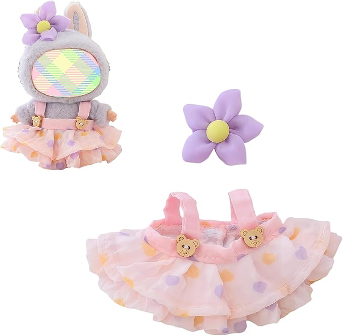 Clothes for Lu bubu 17cm Dolls Accessories (No Doll), Kawaii Skirt Outfit Set 2 Pieces for 17cm Dolls Suit, Stylish Dress Up Flower Dolls Clothing Set Replacement Pink
