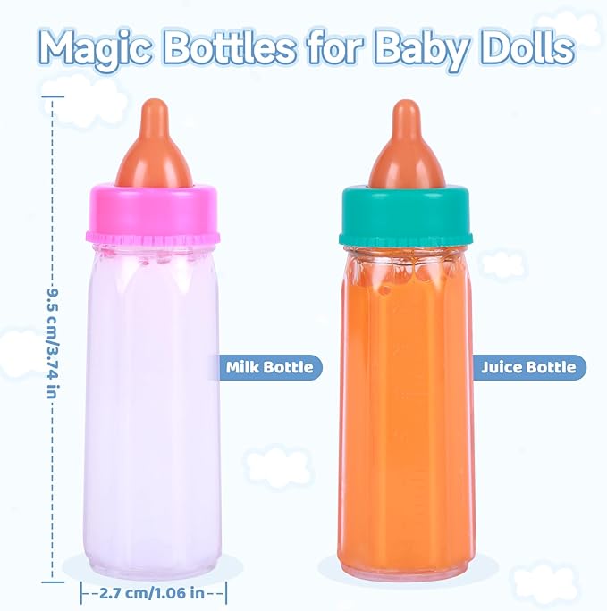BABESIDE Baby Doll Bottles with Disappearing Milk and Juice Magic Bottles, Magnetic Pacifiers and Pacifier Clips Chain for Reborn Baby Dolls Girls & Boys, 8 Pcs Baby Doll Accessories Set