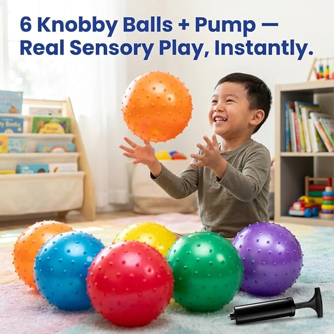 Bedwina Knobby Balls - Bulk 7 Inch Sensory and Spiky Massage Stress Balls for Toddlers, with Pump, Fun & Bouncy for Toddler, Kids Party Favors, Stocking Stuffers