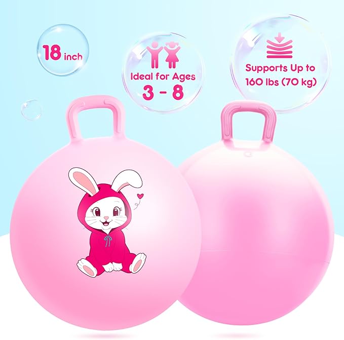 PlayZap Hopper Balls for Kids 3-8, 18 Inches Bouncy Ball with Handle, 18" Inflatable Bouncing Hopper, Pink Rabbit Jumping Toys, Garden Hopping Toys Girls Boys Easter Gifts