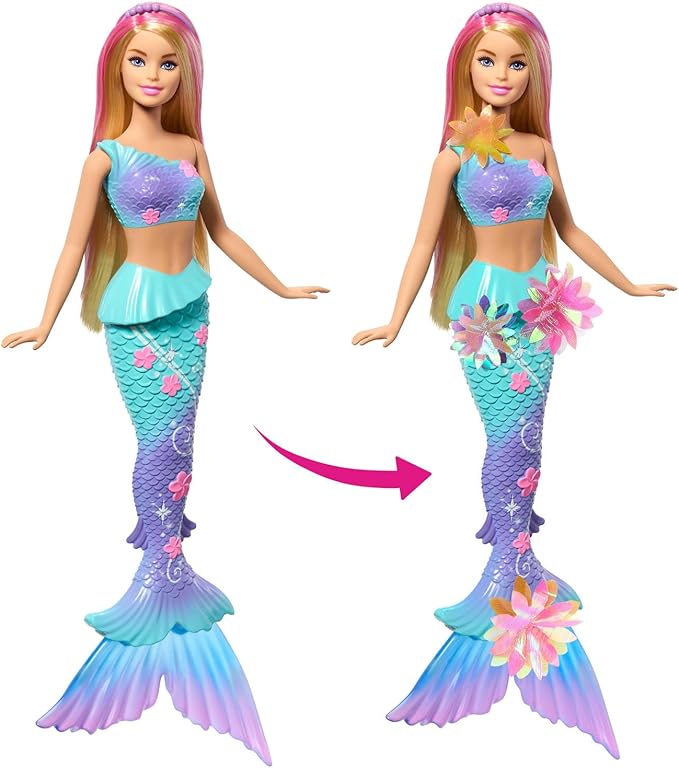 Barbie Mermaid Toy Dolls with Surprise Magic Blooming Flowers Feature, Ombre Tails, Pearl Headband Accessory & Long Blonde Hair with Pink Highlights