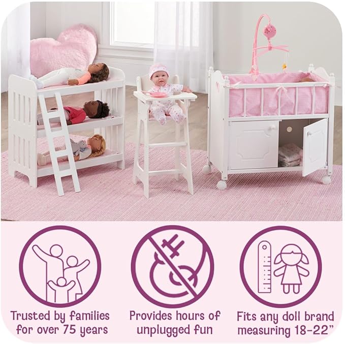 Badger Basket Wooden Toy Doll Bed with Storage, Mobile, and Bedding - Includes Wheels and Free Personalization Kit to Pretend and Play - White with Pink Chevron Fabric