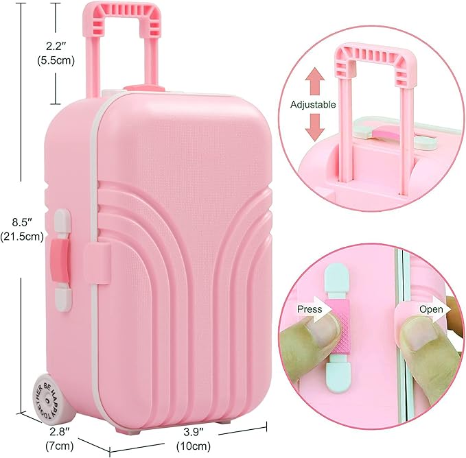 Windolls 18 Inch Doll Suitcase Travel Luggage Play Accessories, Doll Clothes Accessories Carrier Storage Set, Case, Hat, Sunglasses, Camera, Pillow, Toy Pet