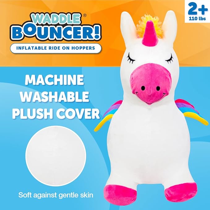 WADDLE Bouncy Hopper Inflatable Animal Hopping Plush, Indoor and Outdoor Toy for Toddlers and Kids, Pump Included, Boys and Girls Ages 2 Years and Up (Unicorn)