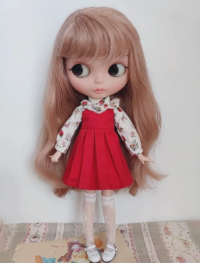 BJD Doll Clothes Cute Sundress Shirt for Blyth,Ob24,Licca,Azone BJD Doll Accessories Clothing (Red Set)