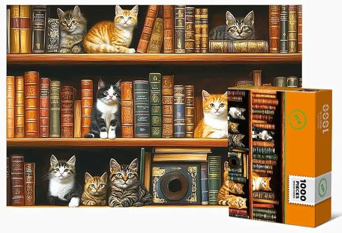 1000 Piece Puzzle for Adults, Cats Library Jigsaw Puzzle, Funny Kitten Bookshelf Puzzles, Animal Pet Lover Challenging Puzzles for Friends Family Activity Game Nights Gifts (Finish Size: 15''x 10'')