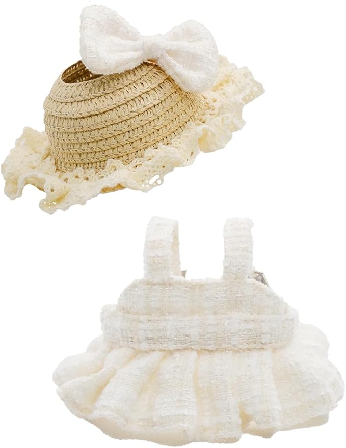 Doll Clothes for 17cm Dolls, Premium Handmade Fashion Clothes 3 Piece Set Including a Lace Hat, Clothes and Bow with High-End Dolls Accessories for Play & Display - Pure White (No Doll No Logo)