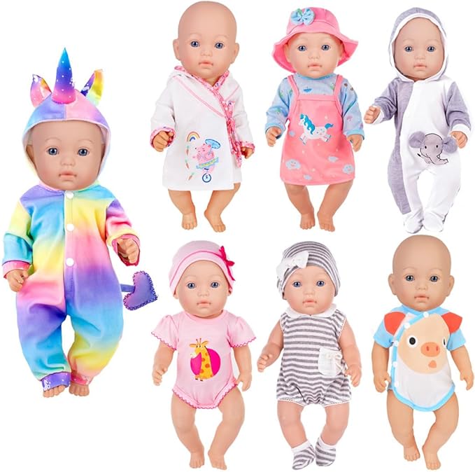 iBayda 7 Sets Baby Doll Clothes & Accessories Include Rompers, Dresses and Hats for 14-16 Inch (35-43cm) Newborn Dolls (Doll Not Included)