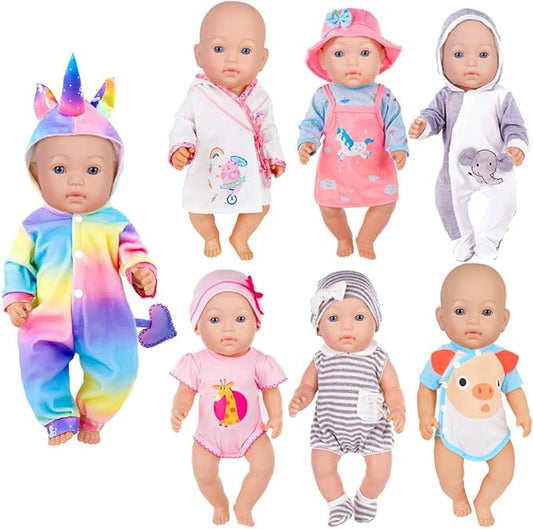 iBayda 7 Sets Baby Doll Clothes & Accessories Include Rompers, Dresses and Hats for 14-16 Inch (35-43cm) Newborn Dolls (Doll Not Included)