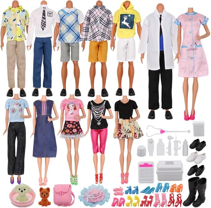 ZTWEDEN 71Pcs Doll Clothes & Accessories for 12 Inch Boy & Girl Dolls - Pet Care Set Includes 25 Wear Clothes, Shirts, Jeans, Suits, Shoes, Pet Doctor Playset, Trolley, Backpack