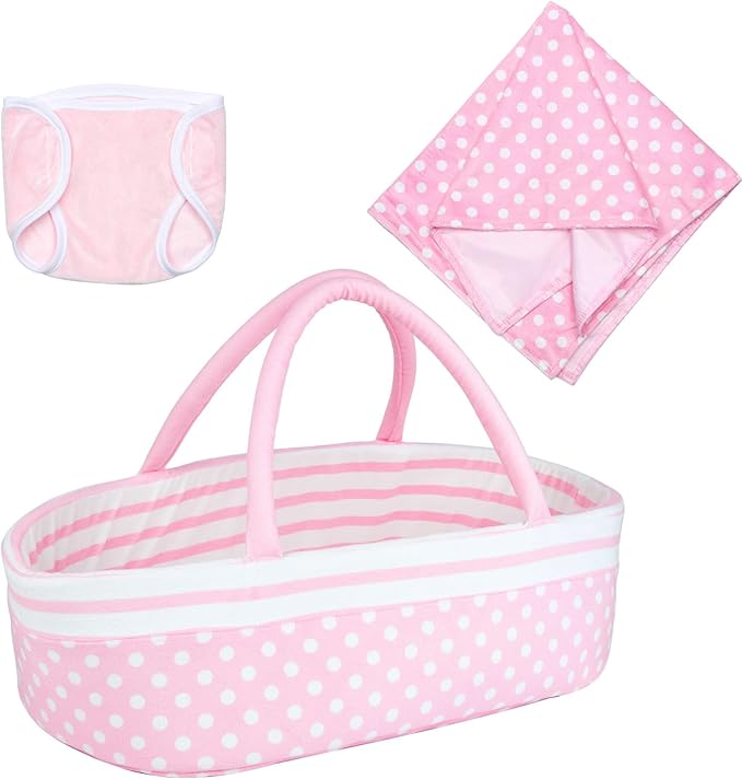 3 Pcs Reborn Baby Doll Accessories Set Bassinet + Blanket + Diaper, Thick Foldable Baby Doll Cradle Beds for 16-18 Inch Newborn Dolls Girl, Soft Sleep Babydoll Carrier Reborn Doll Accessories Pink
