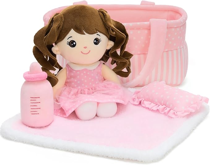 Tezituor Baby Doll Playset with Carrier Bassinet Bed,Baby Doll Accessories with Dolls, Portable Feeding and Caring Set,Babies Pretend Play Toy Set,Baby Doll Care Toys Gifts for Kids Girls