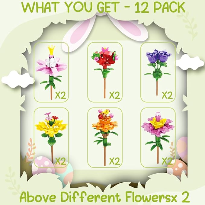 UMEELR Pre Filled Easter Eggs with Flowers, 12Pcs DIY Flower Surprise Building Blocks Toys for Basket Stuffers, Easter Egg Hunt Classroom Prize Toys