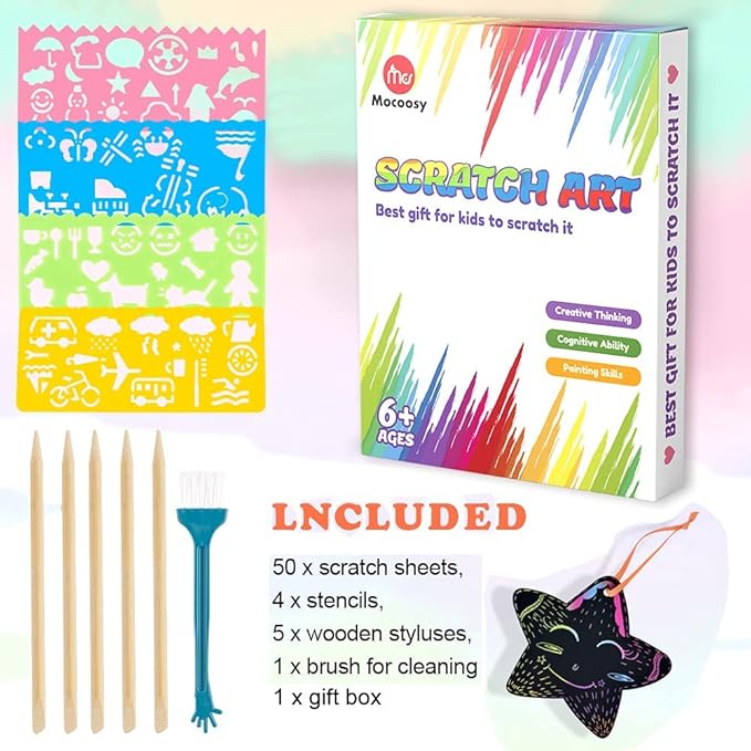 Mocoosy 60 PCS Rainbow Scratch Art Paper for Kids, Magic Scratch Paper Set Art Craft Supplies, Black Scratch Sheets Party Game Activities Birthday Easter Gifts for Girls Boys 3 4 5 6 7 8 9 Years Old