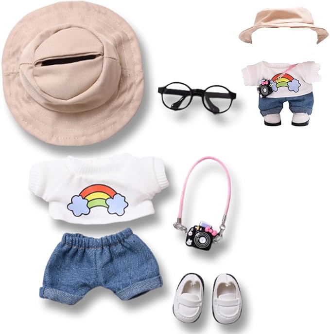 6-Piece 17cm Doll Clothes Set - Trendy Outfit with Hat, Pants, Glasses & Mini Camera, Fashion Accessories Compatible with Vinyl Face Pendant (Style F, No Doll)