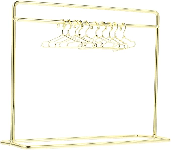 STOBOK Miniature Doll Garment Rack Set Mini Doll Dress Clothing Display Rack with 10Pcs Mini Dollhouse Clothes Hangers for Dollhouse Furniture Accessories Supplies, Golden