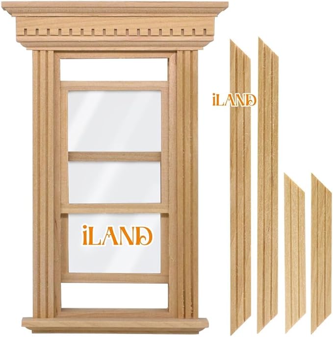 iLAND Dollhouse Window, 1/12 Scale Accessories, Wooden Dollhouse Accessories, Dollhouse Building Supplies in Neoclassical Style