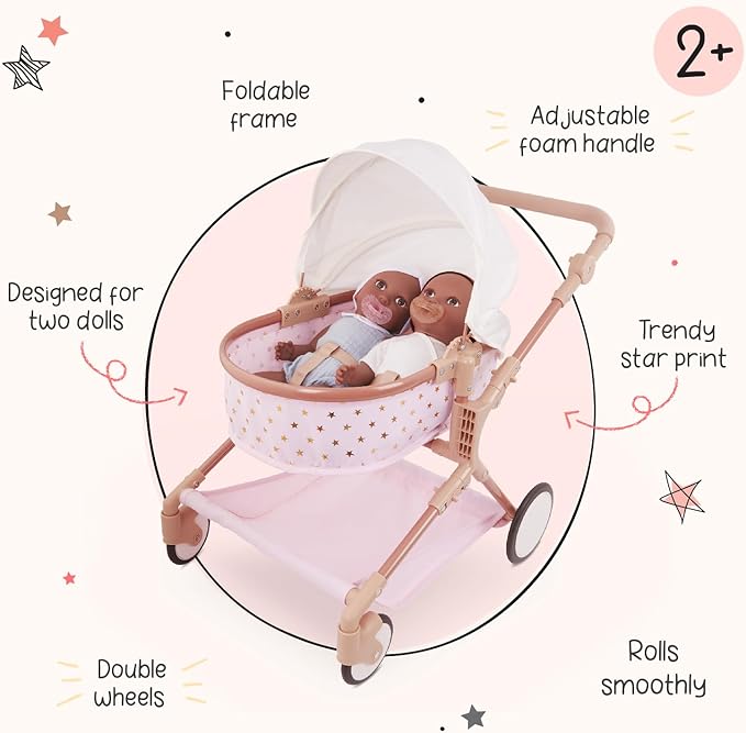 LullaBaby – 14-Inch Accessories – Pink Toy Stroller with Gold Stars for Twins – Foldable Canopy, Swivel Wheels & Storage Basket – Pretend Play 2+ Years