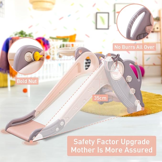 Onasti Kids Slide for Toddlers Age 1-3 Indoor Baby Plastic Slide Outdoor Climber Freestanding Playset with Basketball Hoop & Ring Game Pink
