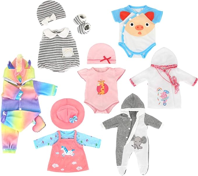 iBayda 7 Sets Baby Doll Clothes & Accessories Include Rompers, Dresses and Hats for 14-16 Inch (35-43cm) Newborn Dolls (Doll Not Included)