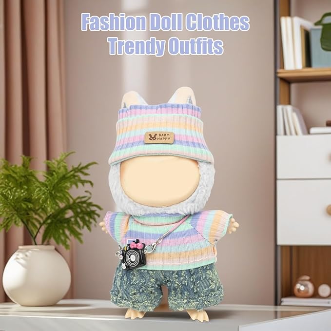 Clothes for Lububu 17cm Dolls(NO Doll) for Lububu Doll Outfits with Accessories Suit for Lububu Cute Stylish Dress Up Set Easter Gifts Grey Pants