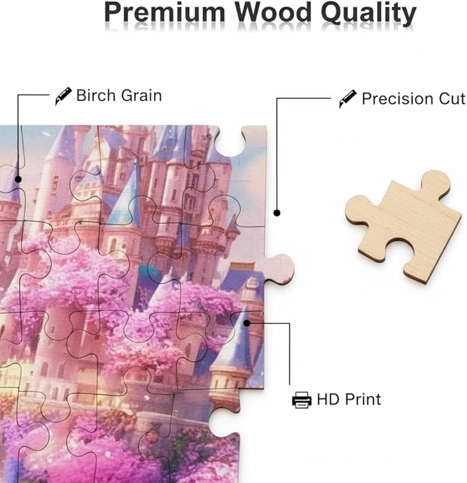 Dreamy Pink Castle Fantasy Art Puzzle 1000 Pieces with Letters on Back Only, Cherry Blossom Waterfall Scenery Jigsaw Puzzles for Adults, Includes Poster & Storage Bag, 29.5x19.7in