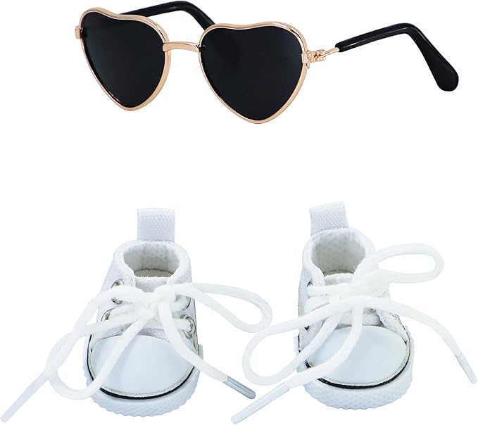 Suitable for 17cm Doll Clothing Accessories Set, Lace-up Canvas Shoes with Glasses, Clothing Accessories (White)