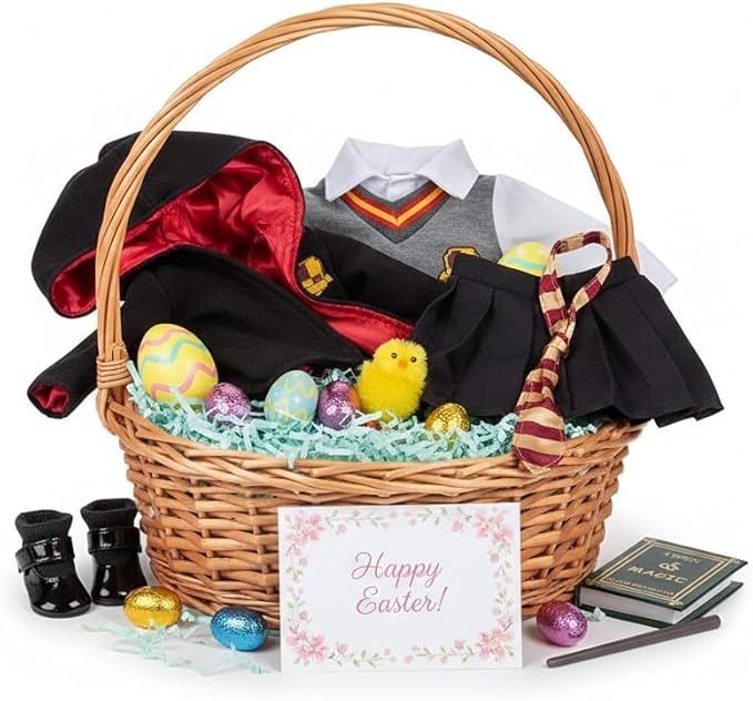 Deluxe 11pc Hermione Granger Inspired 18" Doll Outfit-Compatible w American Girl Outfit & Accessories Set w Robe, Wand, Book, Sweater, Shirt, Skirt, Socks, Shoes & Tie- Perfect Easter Basket Stuffer