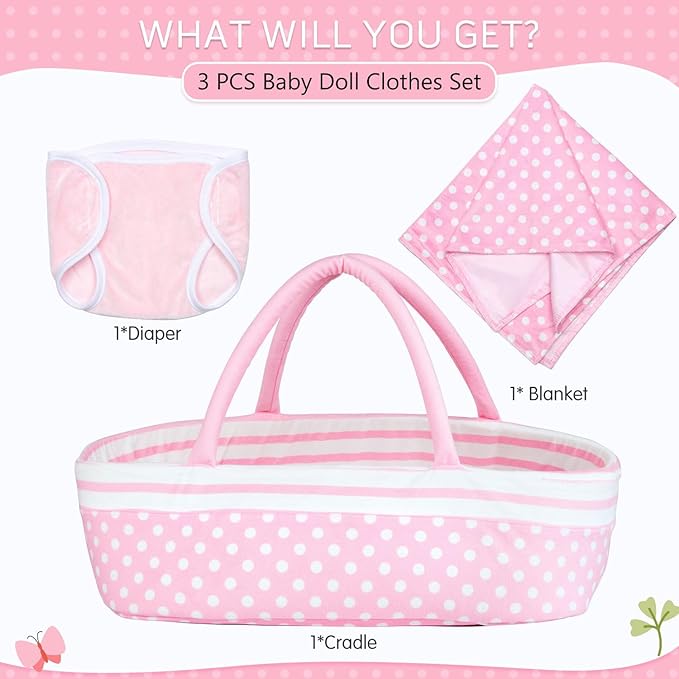 3 Pcs Reborn Baby Doll Accessories Set Bassinet + Blanket + Diaper, Thick Foldable Baby Doll Cradle Beds for 16-18 Inch Newborn Dolls Girl, Soft Sleep Babydoll Carrier Reborn Doll Accessories Pink