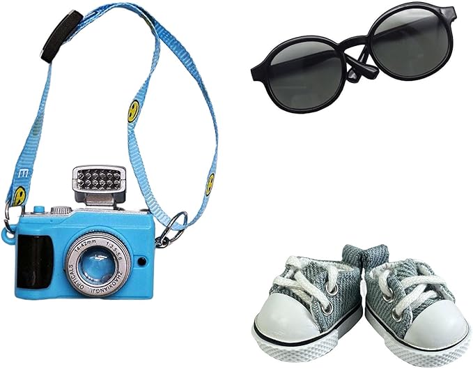3pcs Doll Accessories Set Included Mini Glasses, Camera and Shoes for 17cm Doll, Dress Up Accessories Mini Costume Supplies for for 6.7 Inches Dolls (Set of Blue)