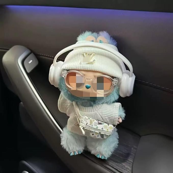 17cm Doll Clothes for lububu ，Designer Clothes Suitable for lububu Dolls Outfits and Accessories Set，Including top +Hat+Glass+Bag - 4PCS，Doll and Headphones not Included(White)
