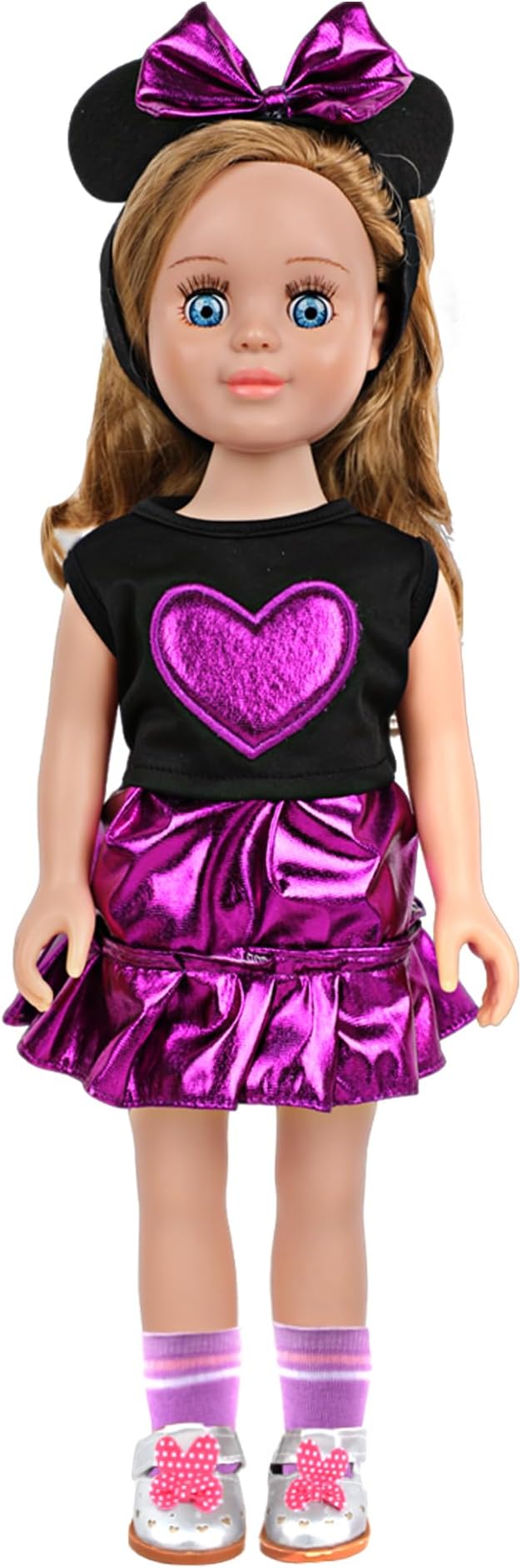 MSYO 18 Inch Doll Clothes & Accessories Set,Black Purple Heart Top & Metallic Purple Skirt Outfit with Mouse Ears Headband,Sunglasses,Socks,Shoes,Bracelet,Fits 16-18 Inch Baby Dolls(Purple)