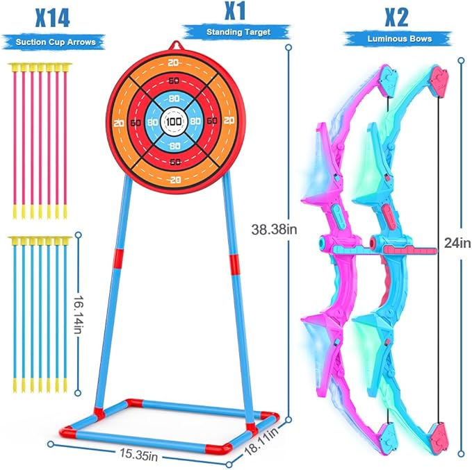 2 Pack of Kids Bow & Arrow Set, Light Up Archery Toy Set with 14 Suction Cup Arrows Standing Target, Perfect Indoor Outdoor Toys Birthday Gifts Ideas for Boys Girls, Medium