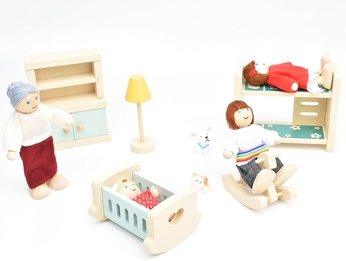 Jzszera Wooden Doll House People of 7 Miniature Figures and 2 Pets, Dollhouse Dolls Family Set Accessories for Girls Toddler Kids Pretend Play and Imaginative Fun