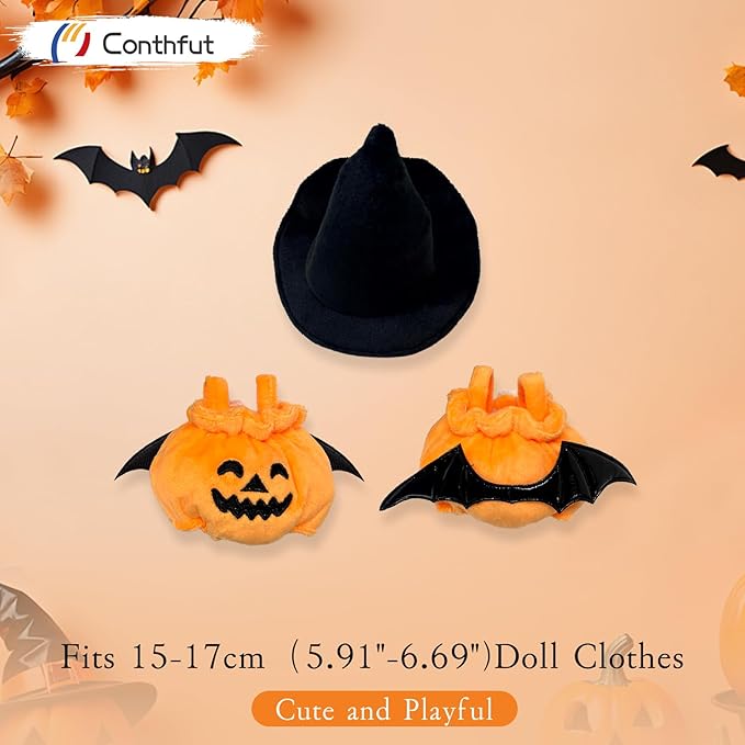 17cm Doll Clothes for Doll, Clothes for Dolls Outfit, Halloween Pumpkin Overalls Witch Hat for Dolls Accessories,Halloween Clothes Set for Doll (No Doll)(Black Hat Pumpkin Clothes)