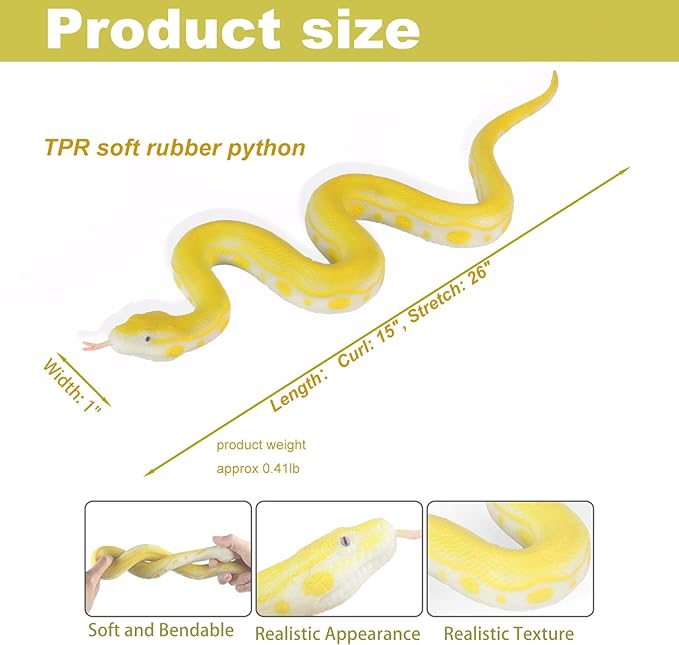 Ultra-Realistic Snake Toy - Scare Birds & Squirrels - 15-Inch Coiled/26-Inch Stretchy Garden Decor, Halloween Prank Gifts for Adults & Safe STEM Toy for Kids (Yellow Python)
